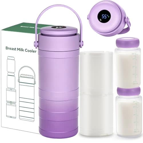 22oz Portable Breast Milk Cooler, Digital Temp Display with 2 Baby Bottles | 360° Surrounded Cooling for 24 Hours, Travel Breastmilk Storage for Outdoor & Work