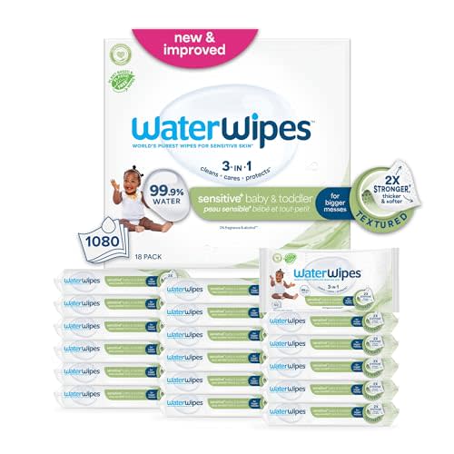 WaterWipes Sensitive+ Baby & Toddler Wipes, 3-In-1 Cleans, Cares, Protects, 99.9% Water, Textured Clean, Unscented & Hypoallergenic, 1080 Count (18 Packs)