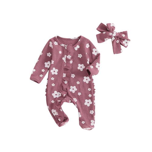 Loicainy Newborn Baby Girls Footies Romper 3 6 12 Months Long Sleeve Crew Neck Frills Zipped Floral Jumpsuit and Headband Fall Spring Clothes