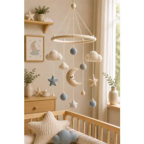 Moon Baby Mobile, Sky Blue Crib Mobile, Celestial Nursery Mobile, Crochet Baby Mobile, Neutral Nursery Decor, Baby Shower Gift