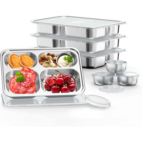 Stainless Steel Divided Plate 4 Pack For Kids Non Toxic Lid
