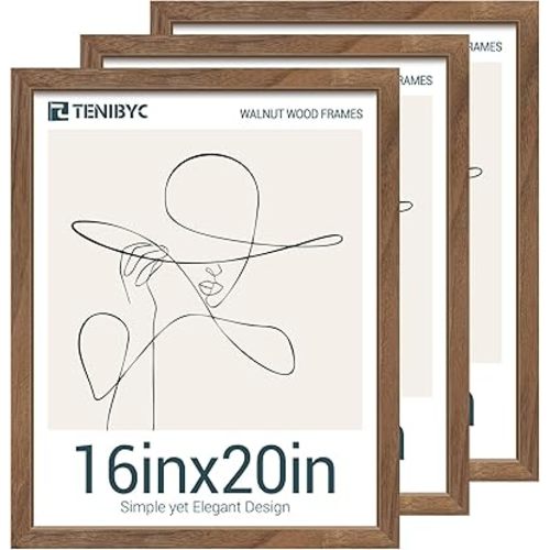 16x20 Poster Frame 3 Pack with HD Glass- Brown Walnut, Natural Solid Wood Picture Frame, Wall Gallery Frame