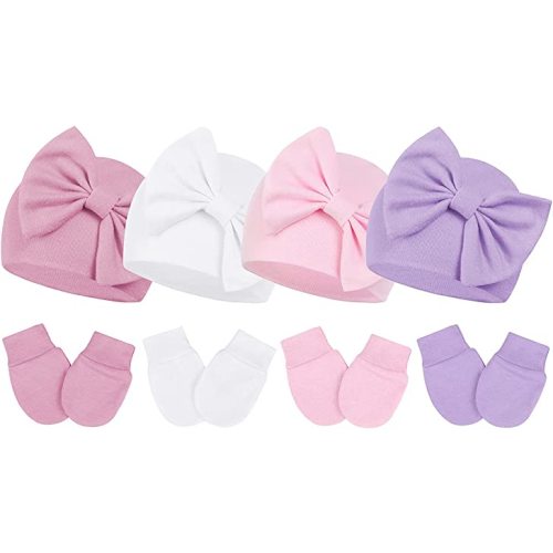 Century Star Ensemble bonnet et moufles pour nouveau-né en coton avec noeud pour bébés garçons et filles 0-6 mois