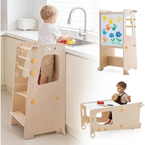 Toddler Standing Tower, 4 in 1 Kitchen Stool Helper with Whiteboard, Kids Step Stool with Convertible Table and Chair, Toddler Helper Tower with Adjustable Height for Counter,Sink