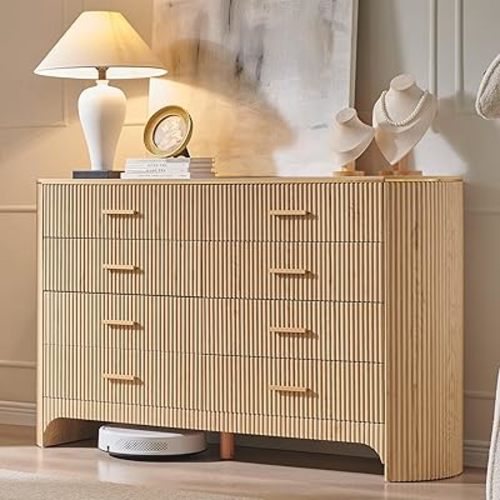 Fluted 8 Drawer Dresser for Bedroom with Curved Profile Design,53.9" W Wide Chest of Drawers with Reeded Front Panels,Wide Storage Cabinet with Smooth-Glide Drawers for Living Room,Natural Oak