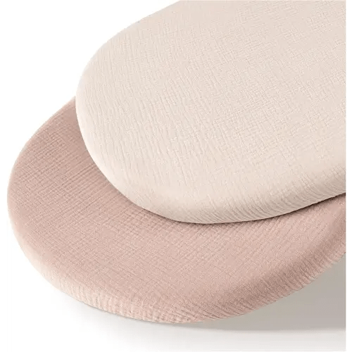 Muslin Bassinet Sheets for Baby Neutral, Soft Breathable Cotton Fitted Sheets for Oval, Rectangle, Hourglass Bassinet Mattress/Pad - 2 Pack (Ivory& Pink)
