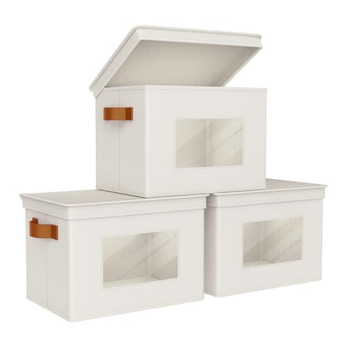 Univivi Storage Boxes with Lids Fabric Foldable Storage Bin for Clothes, [3-Pack] Closet Organizer Containers boxes with Handles for Home, Bedroom, Closet Storage (Beige,17” x 12” x 12")