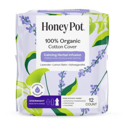 Honey Pot 100% Organic Cotton Cover Calming Herbal Infusion Overnight Pads - 12 ct