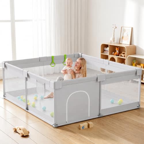 Uanlauo Baby Playpen for Babies and Toddlers, 47×47 in Play Yards, Gray | Play pen for Indoor & Outdoor, Breathable Mesh, Side Storage Bag, Play Pen with 2 pull-up rings, Anti-slip Suction Cup