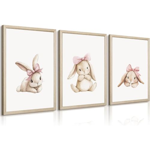 Nursery Bunny Wall Art Decor Easter Bunny Prints Baby Girl Room Canvas Wall Art Decor Pink Baby Girl Nursery Painting Woodland Rabbit Spring Artwork Poster for Bedroom 12x16x3 Inch Wood Framed