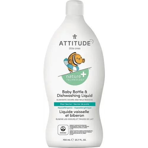 ATTITUDE Baby Dish Soap and Bottle Cleaner, EWG Verified Dishwashing Liquid, No Added Dyes or Fragrances, Tough on Milk Residue and Grease, Vegan, Pear Nectar, 23.7 Fl Oz