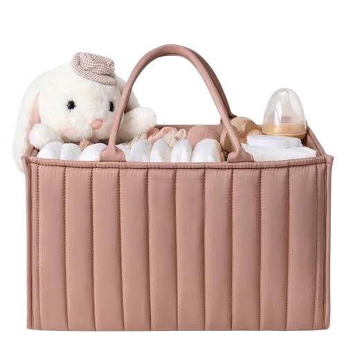Baby Diaper Caddy with Removable Dividers, Portable Nursery Organizer Basket with Handles for Diapers, Wipes and Baby Care Essentials, Pink
