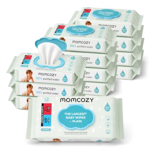 Momcozy PLAIN Baby Wipes Unscented, Minimal Ingredient Formula, 12 Packs | 99% Purified Water Base, Hypoallergenic, Cleansing & Moisturizing Wet Wipes for Sensitive Skin, 720 Count (12 Packs)