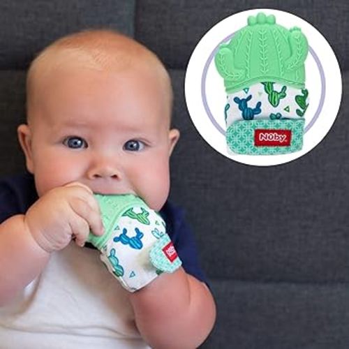 Nuby Happy Hands Silicone Teething Mitten: 3M+, Cactus, Green (80727)