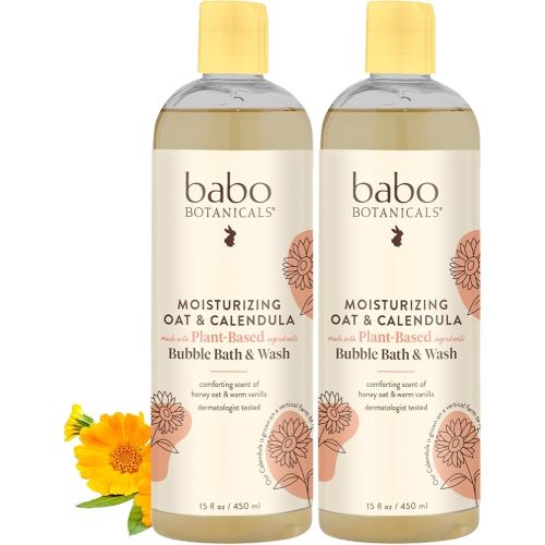 Babo Botanicals Moisturizing Plant-Based 2-in-1 Bubble Bath & Wash - with Organic Calendula & Natural Oat Milk - For Babies, Kids & Adults with Sensitive Skin - Hypoallergenic & Vegan - 15 oz - 2-Pack
