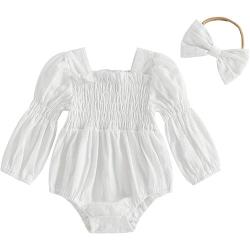 Smocked Baby Girl Clothes Newborn Girl Bubble Romper Long Sleeve Jumpsuit And Headband Outfit Cute Infant Clothing