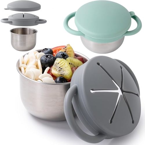 2 Pack Snack Containers for Toddlers, Stainless Steel Toddler Snack Cups with Silicone Food Catcher & Lids,Snack Cups for toddlers Spill Proof
