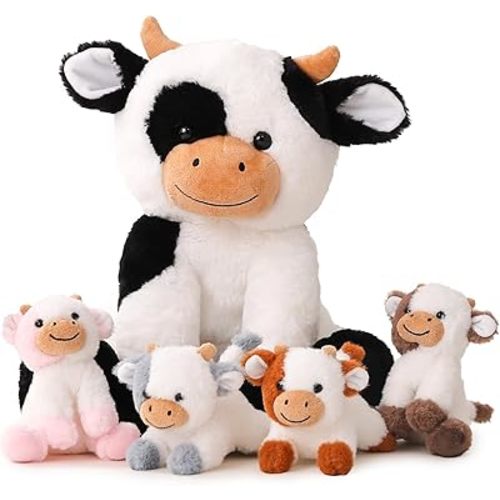 5 Pieces Cow Stuffed Animals for Boys Girls, 1 Mommy Cow with 4 Babies Soft Plush Toy Set Gifts for Kids Children 3 4 5 6 7 8 9 Years, Christmas, Birthday, Party Decorations