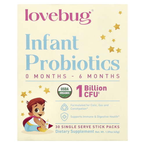 LoveBug Probiotics Organic Infant Probiotic Powder, 0-6 Months, Helps with Colic, Reflux, Diarrhea, Constipation & Gas, 30 Packets