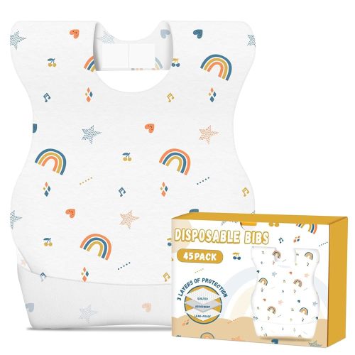 Disposable Feeding Bibs for Boys and Girls, 45 Piece Disposable Baby Bibs with Pocket, for Travel or Resaurant, Absorbent and Leakproof (Rainbow)