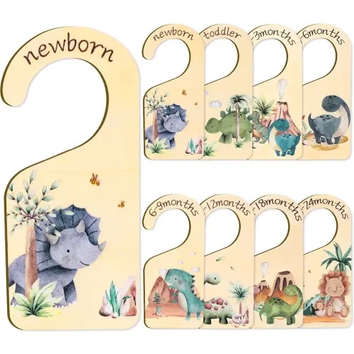 Whaline 8Pcs Baby Closet Size Dividers Dinosaur Theme Design Hanging Wooden Baby Closet Organizer Newborn to 24 Months Thicken Baby Wardrobe Organizer for Home Nursery Baby Clothes Decor