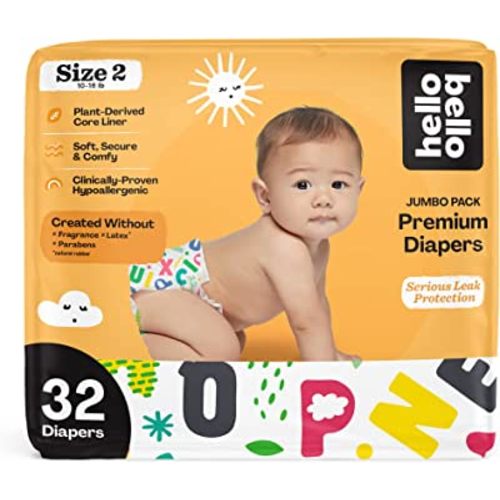 Hello Bello Premium Baby Diapers Size 2 I 32 Count of Disposeable, Extra-Absorbent, Hypoallergenic, and Eco-Friendly Baby Diapers with Snug and Comfort Fit I Alphabet Soup