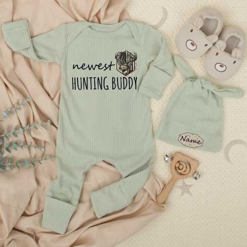 Newest Hunting Buddy Newborn bodysuit and hat set, Deer Hunting, Camo Clothes, Pregnancy Reveal, Newborn Baby Shower, Little Hunter Gift