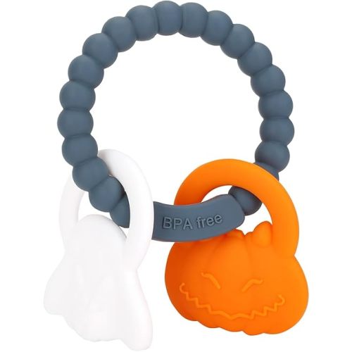 Eoopoon Silicone Teething Ring Toy, Halloween Baby Teether Toys with Rattles Pumpkin and Ghost, Sensory Chew Toys for Babies 3-6-12 Months to Soothe Sore Gums,Dark Grey