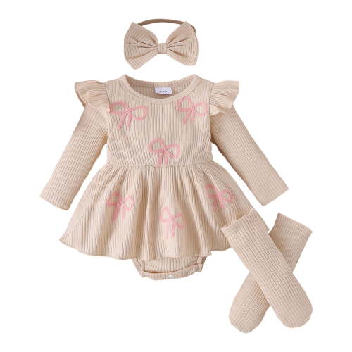 Karoyedx Toddler Girls Clothes Newborn Outfit Baby Girl Going Home Outfit Ruffle Ribbed Romper Top Pants Set Cute Winter Clothes Beige Size,0-3 Months