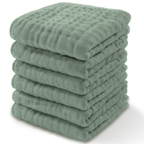 Baby Washcloths Muslin Cotton, Large 10”x10” by Comfy Cubs (Fern, Pack of 6)