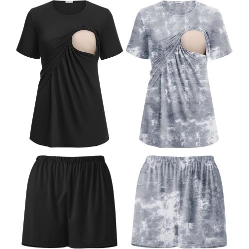 Ekouaer 2 Pack Women's Nursing Pajamas Set Double Layer Maternity Pjs Postpartum Loungewear Set Breastfeeding Tops & Shorts