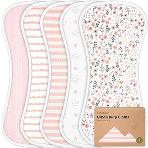 Organic Burp Cloths Baby Boy & Girl - 5-Pack Super Absorbent Cotton Burping Cloths for Babies, Soft & Plush Newborn Spit Up Rags, Infant Towels for Milk Spit Up, Unisex, Large 21" x 10" (Sweet Charm)