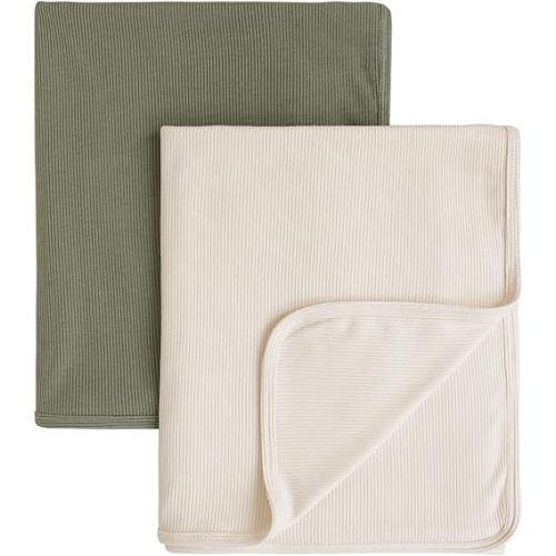 Konssy Knit Baby Blanket 2 Pack, Soft Ribbed Swaddle Receiving Blankets for Boys & Girls, Lightweight Cozy Swaddling Wrap for Newborns, Infants, & Toddlers, 33x42 Inch (Beige, Sage)
