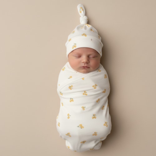 Organic Swaddle Blanket & Hat Set - Lemons