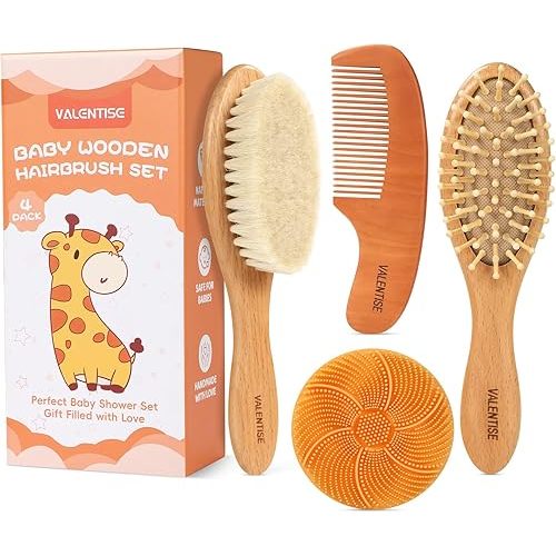 4 Pack Wooden Baby Hair Brush Set, Natural Baby Brush and Comb Set with Soft Baby Cradle Cap Brush for Newborns & Toddlers, Perfect Baby Registry Gift