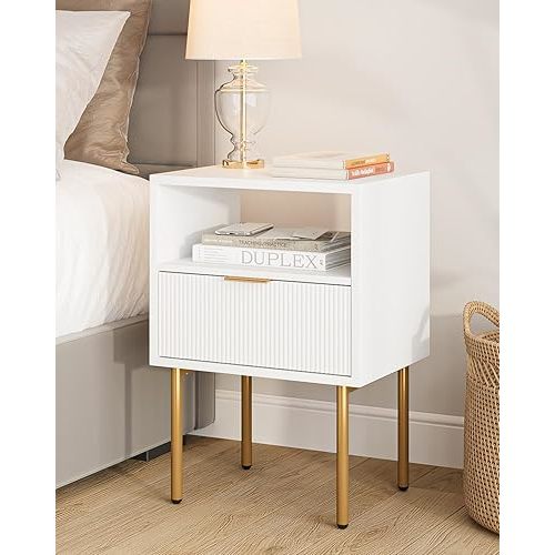 Masupu Nightstand,Mid-Century Modern Bedside Table with Storage Drawer and Open Wood Shelf,Small Gold Frame Side Table for Bedroom,Living Room,White