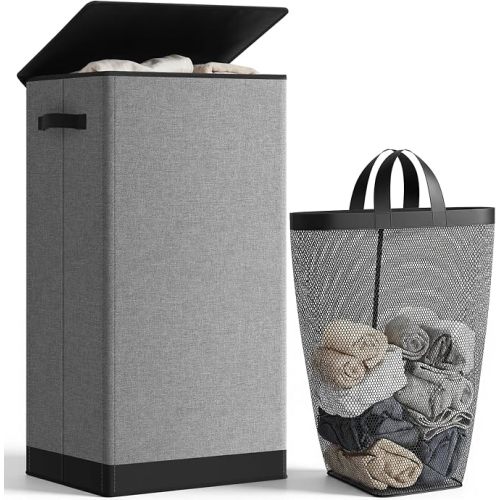 SOLEDI Laundry Hamper with Lid 100L Large & Tall Collapsible Laundry Basket, Clothes Hamper with Bag Removable Easy to Carry, Dirty Hampers for Bedroom, Bathroom, Dorm, College, Grey