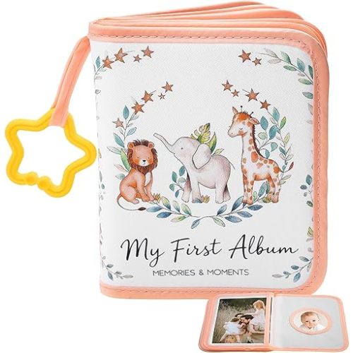 My First Photo Album for Baby, Baby Photo Albums with Star Hook & Baby Mirror | Holds 17 Pictures, Safari Animals Baby Photo Book for Newborn Toddler & Kids, Baby Shower Gifts