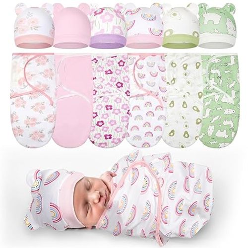 Ramede 6 Pack Preemie Swaddle Blanket with Hats Sleep Swaddle for Baby Boy Girl Preemie Newborn Sacks Soft Cotton Wearable(Classic,Soft Neutrals)