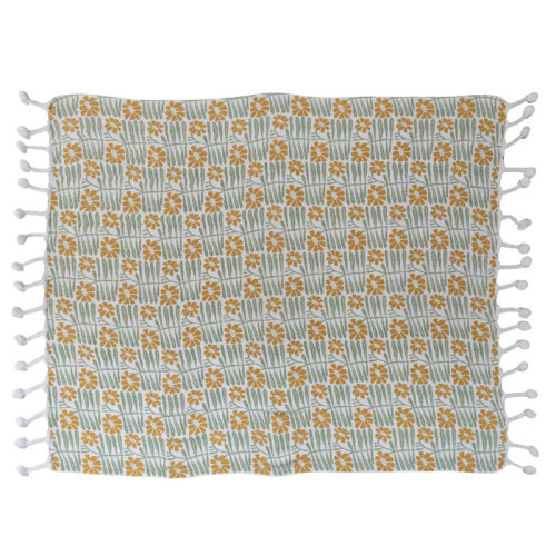 Creative Co-Op Soft Woven Reclaimed Cotton Blend Printed Throw with Flowers and Pompom Tassels | Wayfair