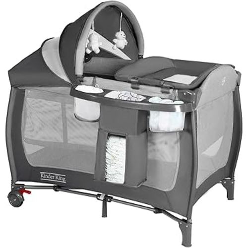 Kinder King 4 in 1 Portable Pack and Play, Baby Playard w/Bassinet, Large Playpen for Infant and Toddler, Newborn Changing Table, Adjustable Canopy, Storage Basket, Travel Bag, Grey