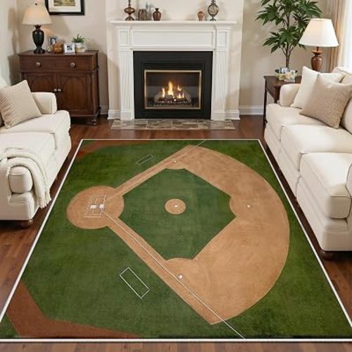 Retro Baseball Rug 6x9 Green Sports Field Carpet for Living Room Bedroom, Low Pile Non Slip Floor Rug, Durable Washable Home Decor Area Rug for Boys Room Playroom Hallway
