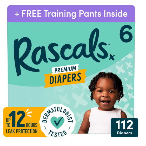 Rascal + Friends Premium Size 6 Diapers, 112 Count - Chlorine, Latex, Fragrance-Free