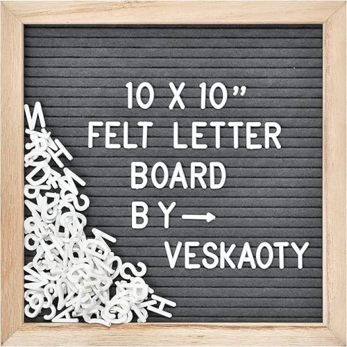 Veskaoty Felt Letter Board with 294 Letters, 10 x 10 Inch, Gray & Wood | Changeable Message Board, Wooden Frame, Wall Mount, Numbers, Symbols, Announcement Sign, First Day of School Decor