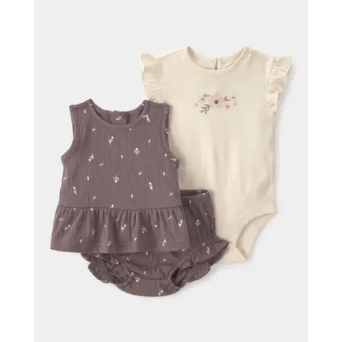 Baby Girl 3-Piece Floral Top, Bodysuit & Short Set - Brown/Ivory | Carter's