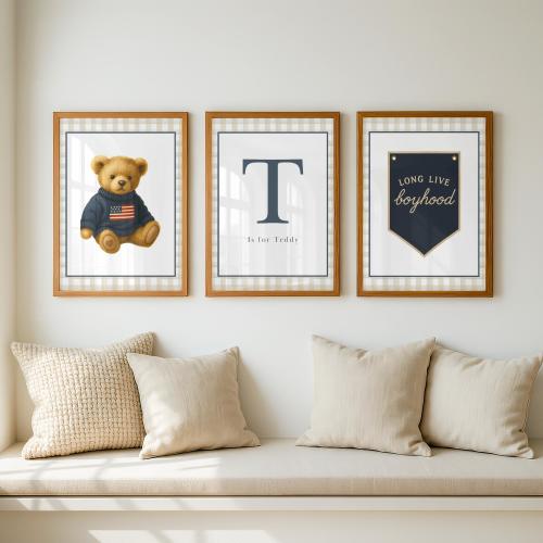 Plaid Teddy Bear Nursery Art: American Flag, Initial Print - Set of 3