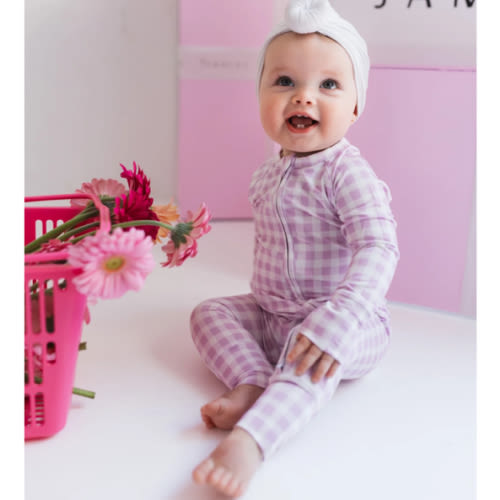 Purple Gingham Zipper Romper – In My Jammers