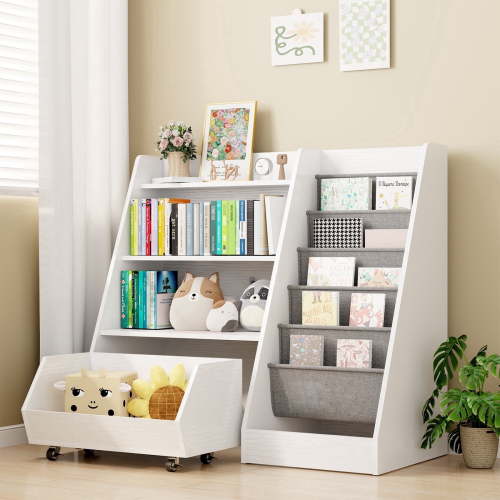 Fowroa Kids Bookshelf, Toy Storage Organizer, 4-Tier Modern Wooden White for Toddlers