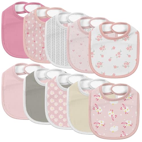 10 Pack Cotton Snap Bibs for Baby Boy Girl, Super Soft Drool Bibs for Teething and Feeding