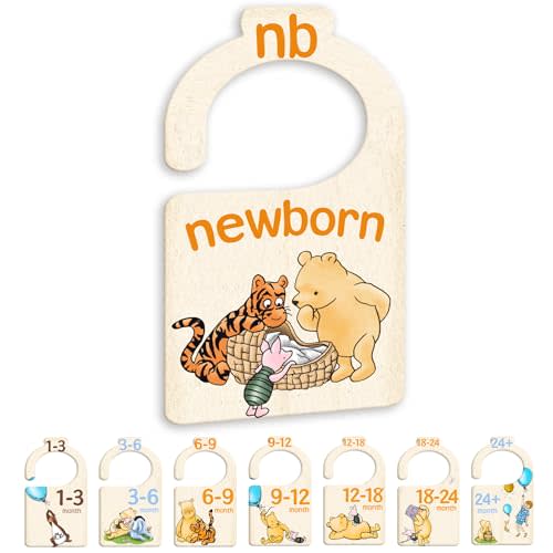JMOST Pooh Bear Baby Closet Dividers for Nursery Closet Organizer, Newborn to 24 Months Size Clothes, Bear Hangers with Size Dividers, Double Sided